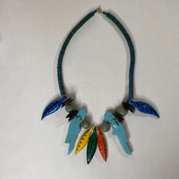 Vintage Wooden Tropical Parrot Beads Necklace 16 Inch - Picture 2 of 8